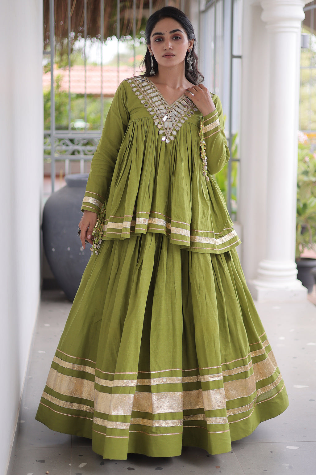Parrot Green Cotton Mirror Worked Peplum Chaniya Choli