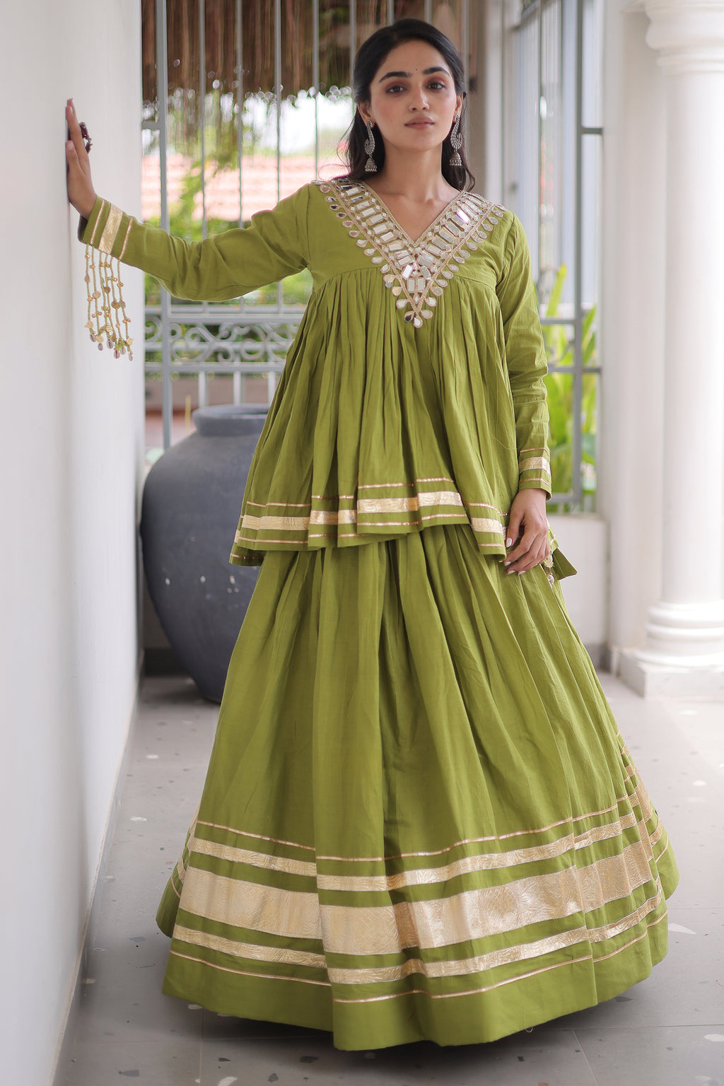 Parrot Green Cotton Mirror Worked Peplum Chaniya Choli