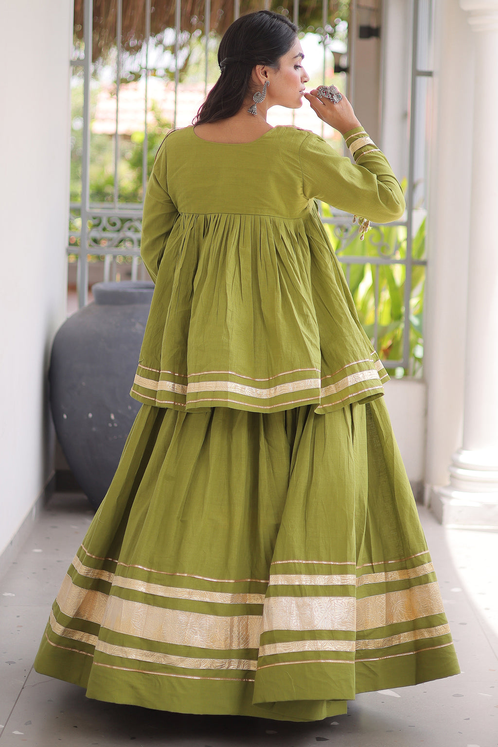 Parrot Green Cotton Mirror Worked Peplum Chaniya Choli