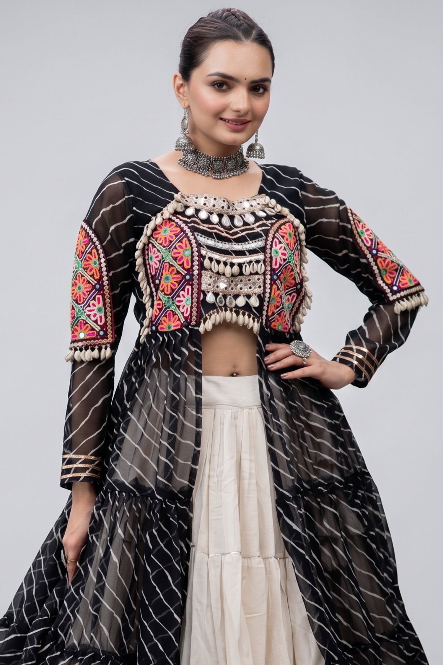 Off White Cotton Chaniya with Leheriya and Kachchi Work Long Top Secondary image