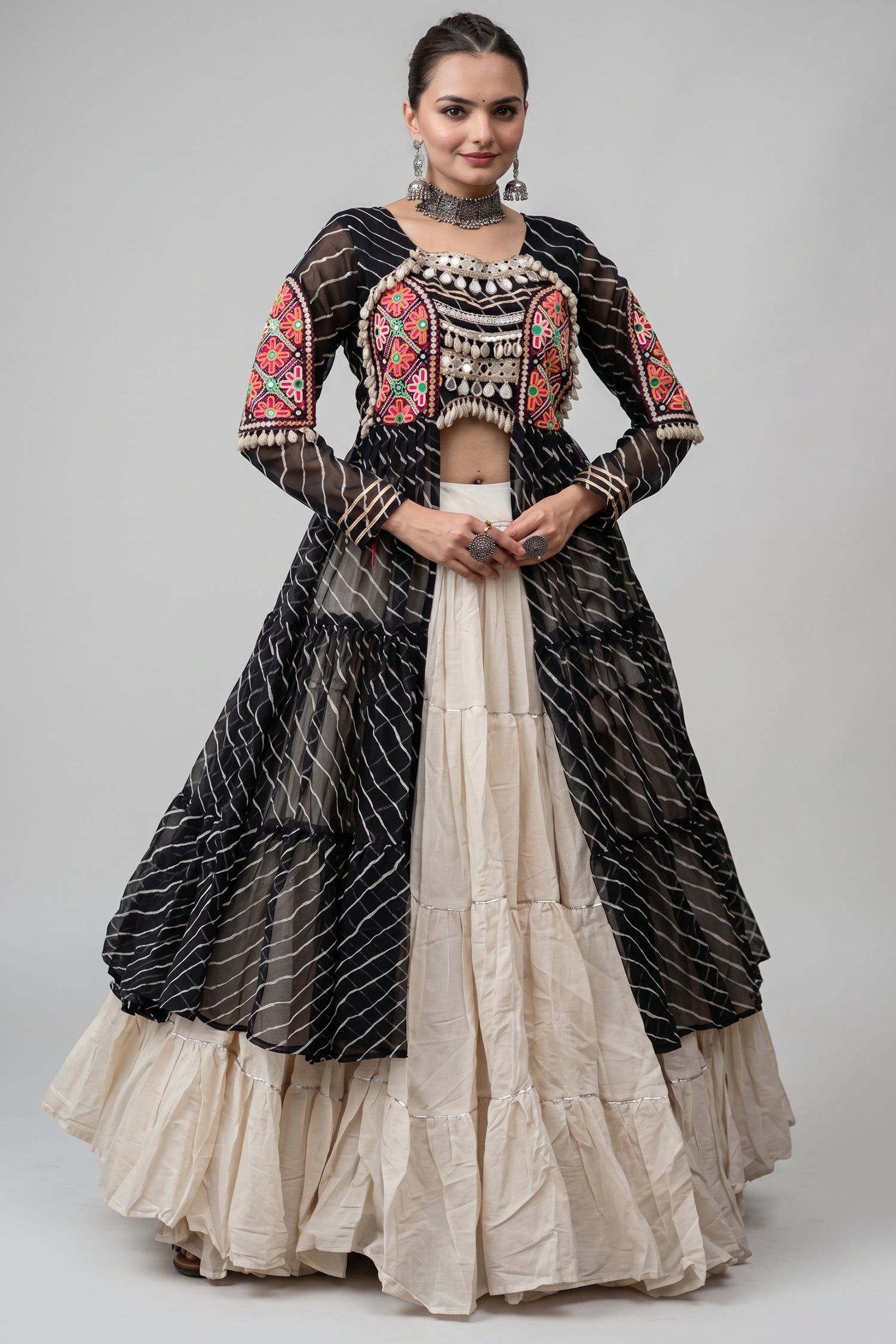 Off White Cotton Chaniya with Leheriya and Kachchi Work Long Top