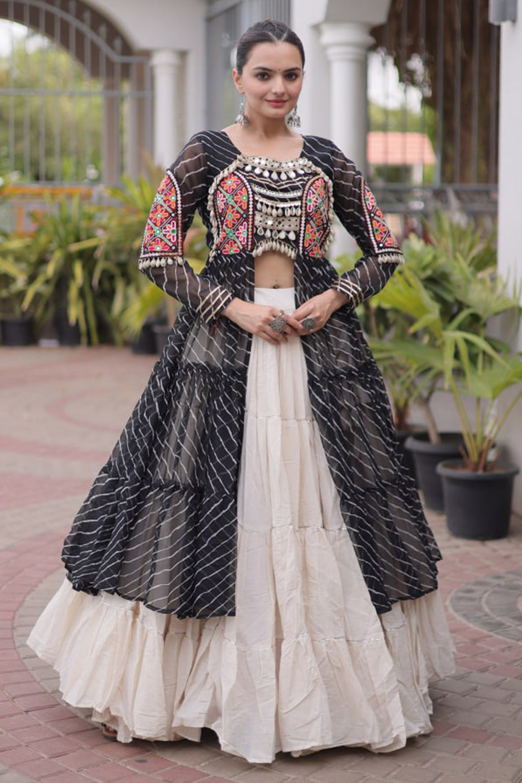 Off White Cotton Chaniya with Leheriya and Kachchi Work Long Top