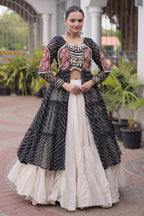 Off White Cotton Chaniya with Leheriya and Kachchi Work Long Top