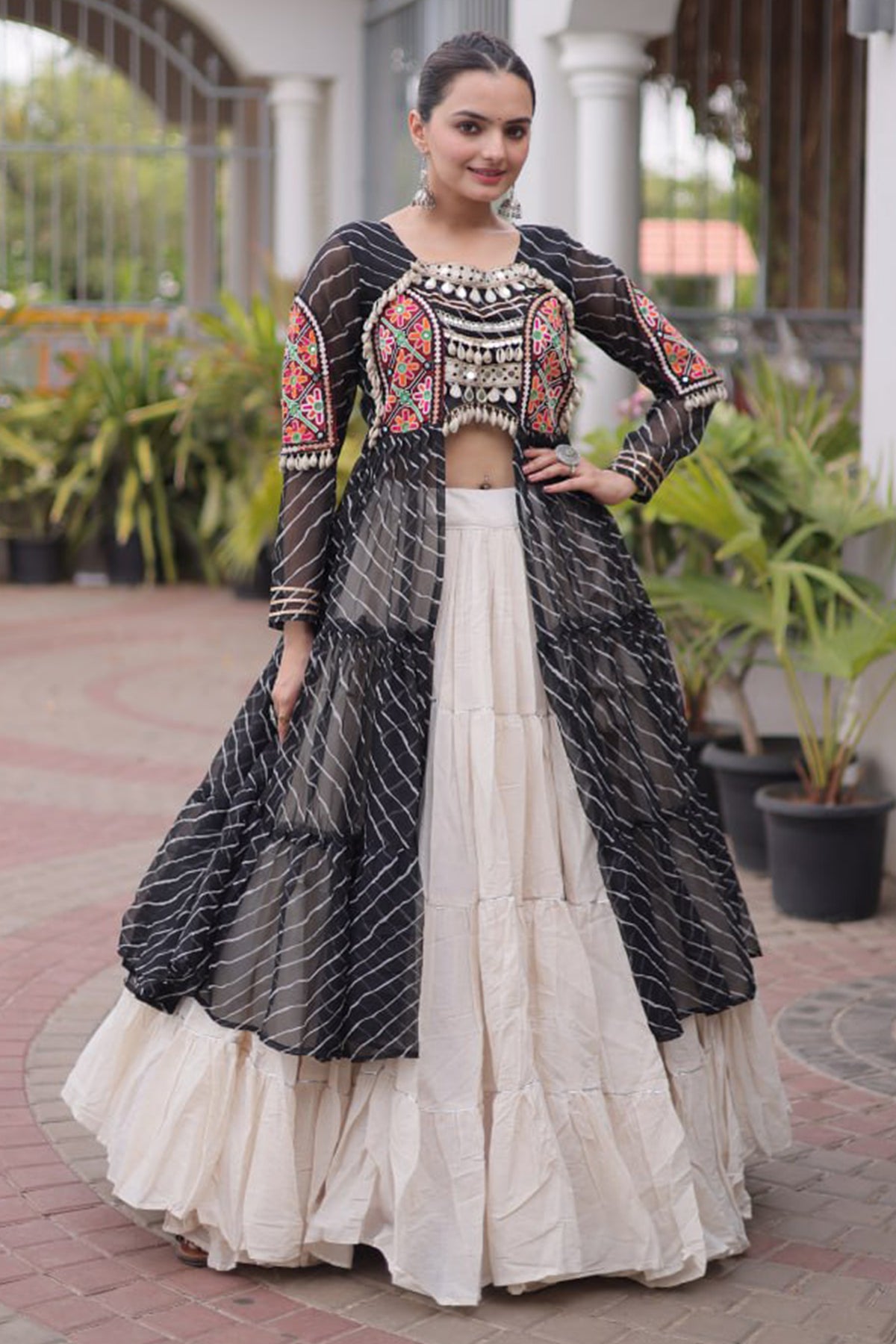 Off White Cotton Chaniya with Leheriya and Kachchi Work Long Top