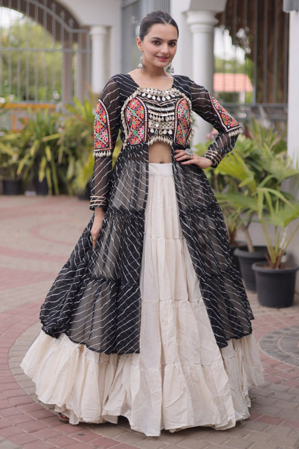 Off White Cotton Chaniya with Leheriya and Kachchi Work Long Top