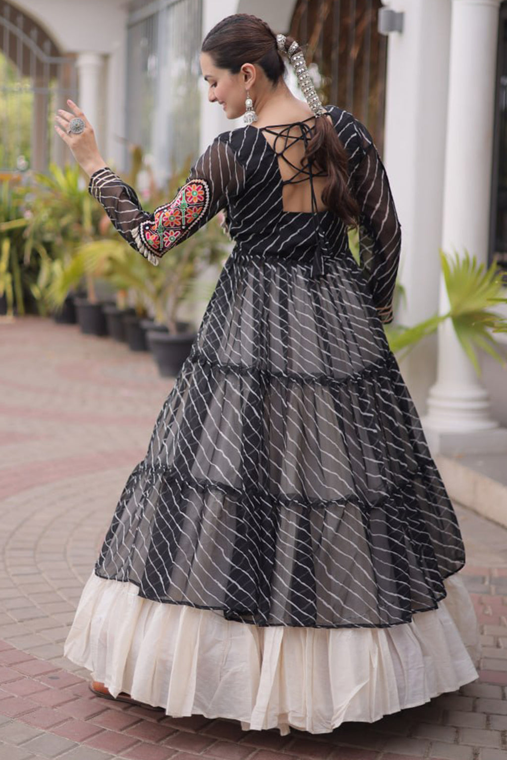 Off White Cotton Chaniya with Leheriya and Kachchi Work Long Top