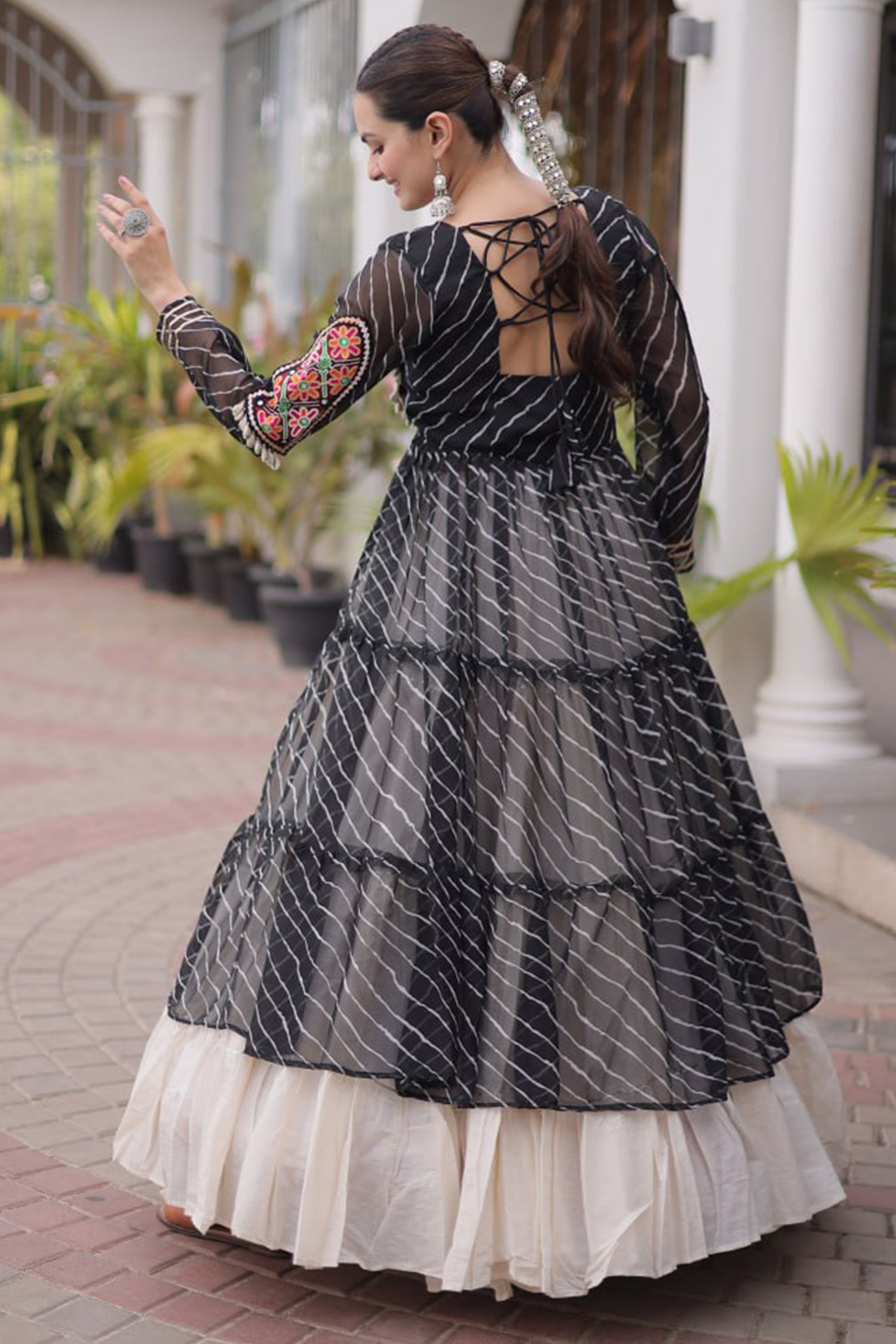 Off White Cotton Chaniya with Leheriya and Kachchi Work Long Top