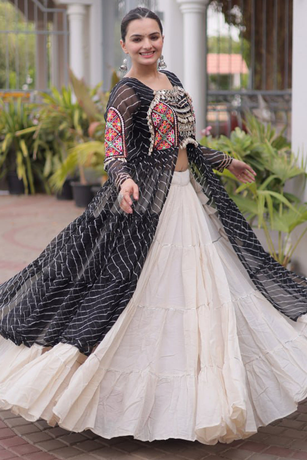 Off White Cotton Chaniya with Leheriya and Kachchi Work Long Top