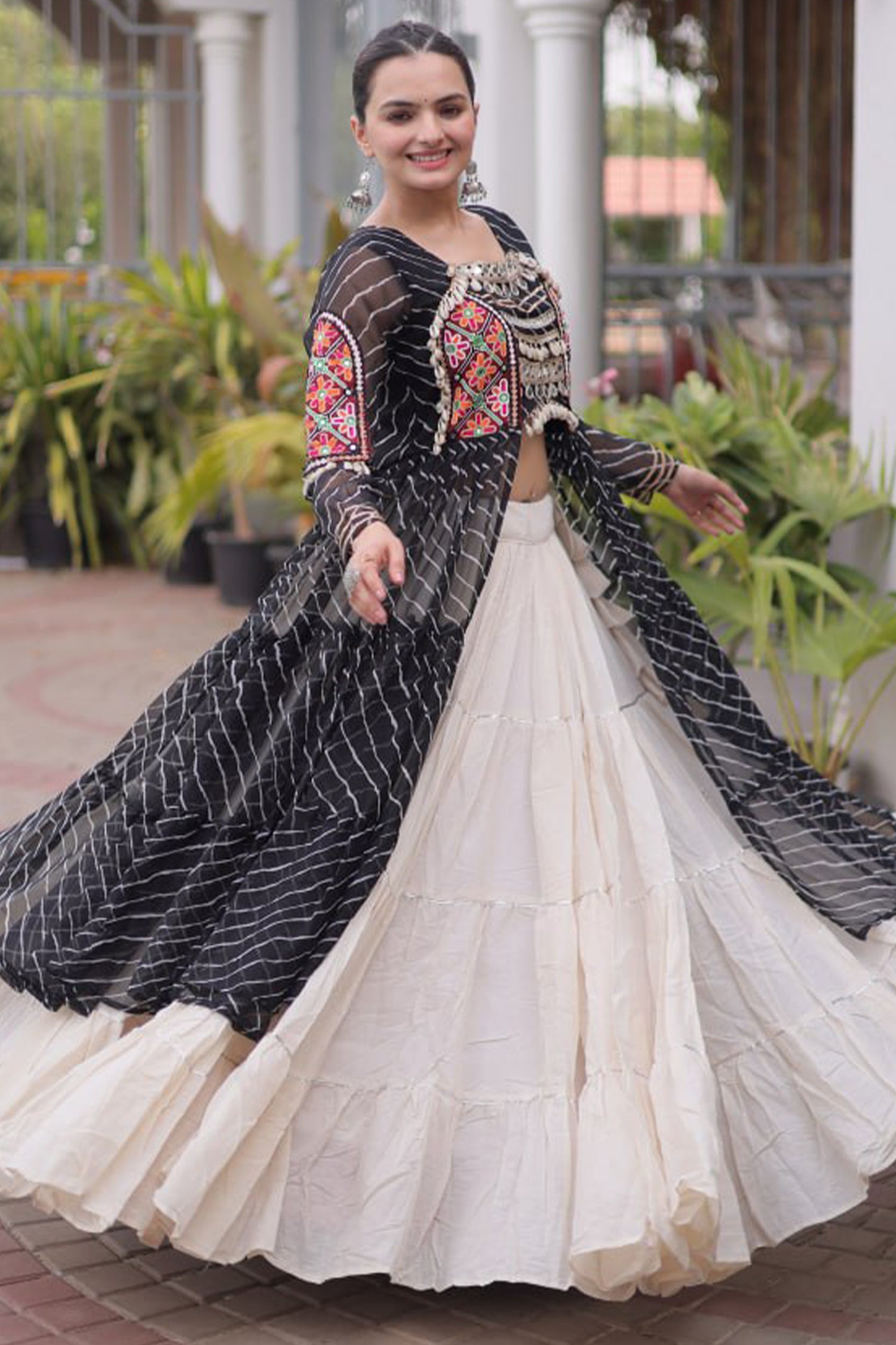 Off White Cotton Chaniya with Leheriya and Kachchi Work Long Top