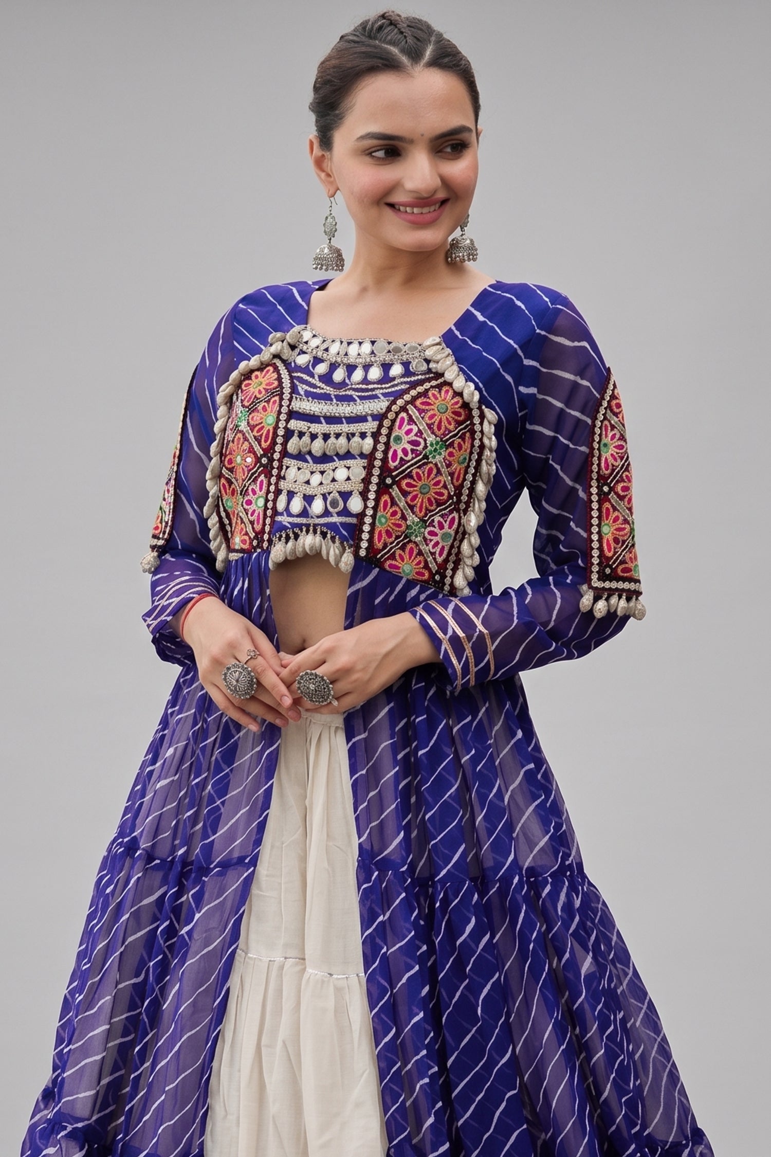 Off White Cotton Chaniya with Leheriya and Kachchi Work Long Top