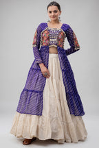 Off White Cotton Chaniya with Leheriya and Kachchi Work Long Top