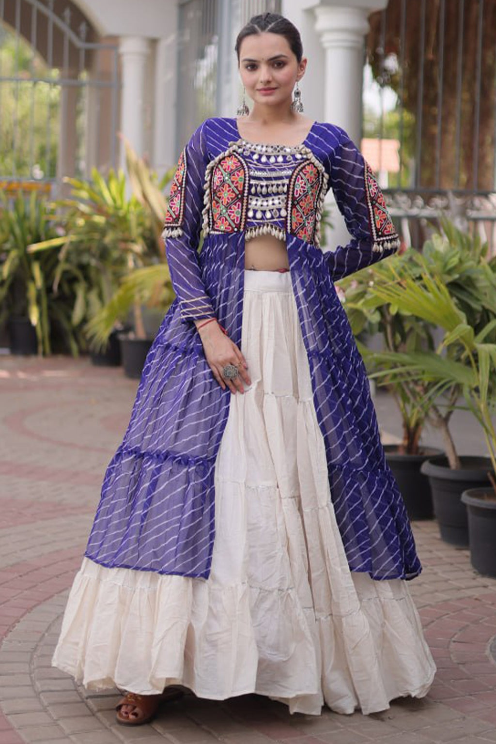 Off White Cotton Chaniya with Leheriya and Kachchi Work Long Top