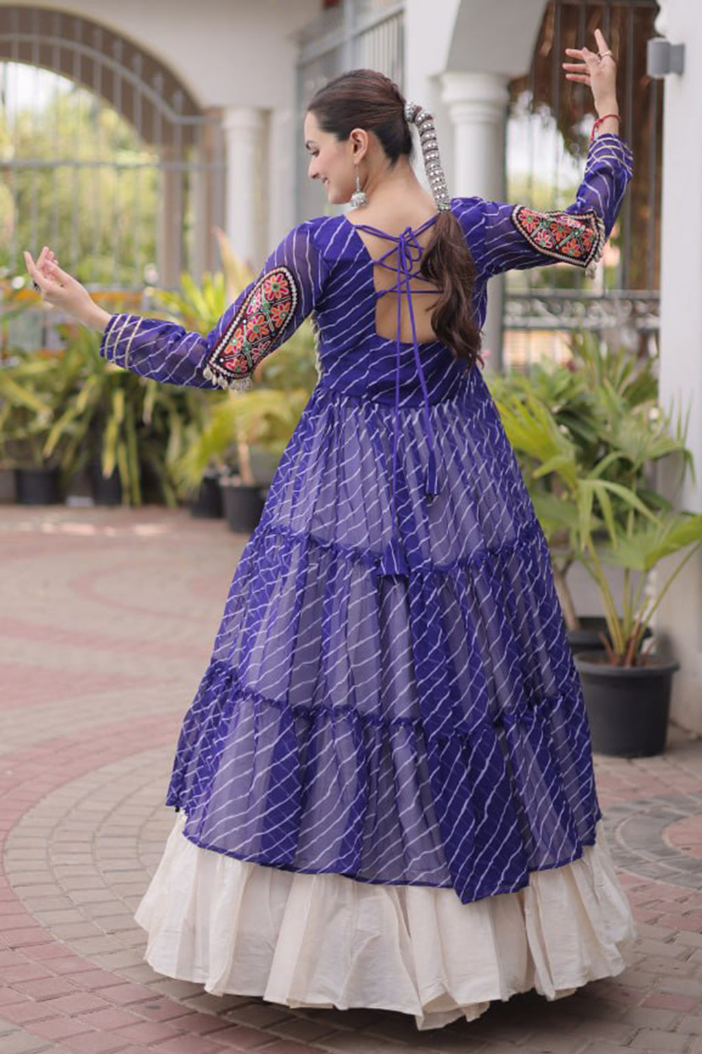 Off White Cotton Chaniya with Leheriya and Kachchi Work Long Top