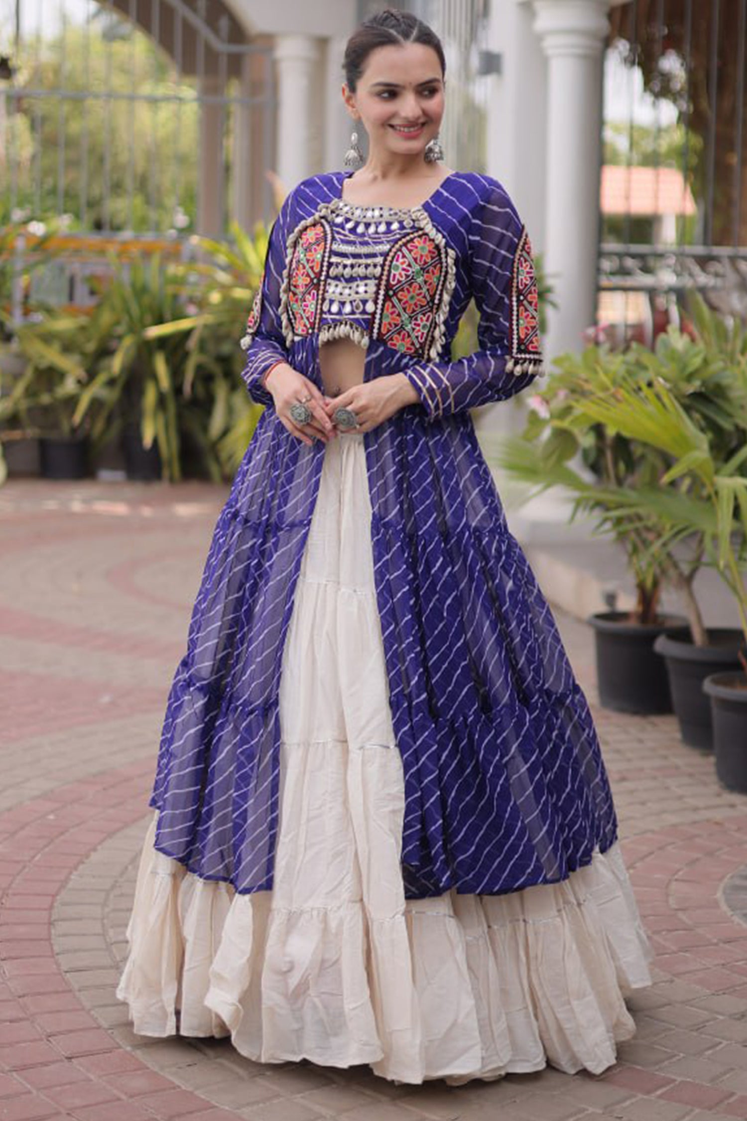 Off White Cotton Chaniya with Leheriya and Kachchi Work Long Top
