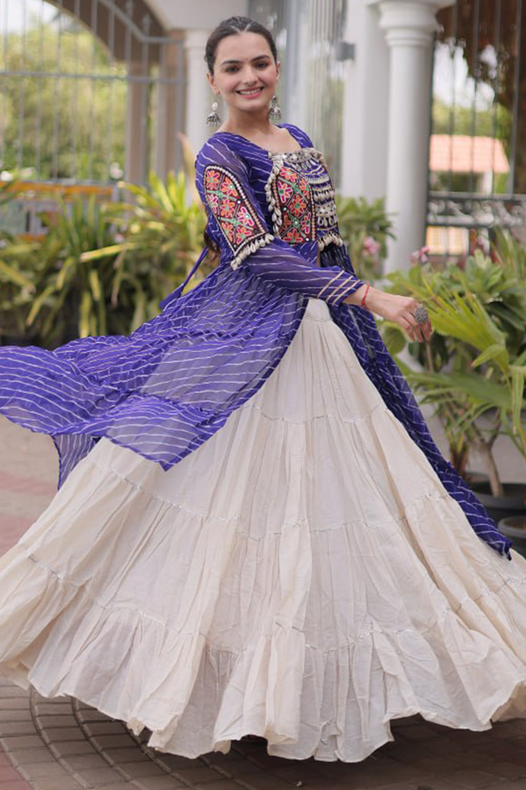 Off White Cotton Chaniya with Leheriya and Kachchi Work Long Top