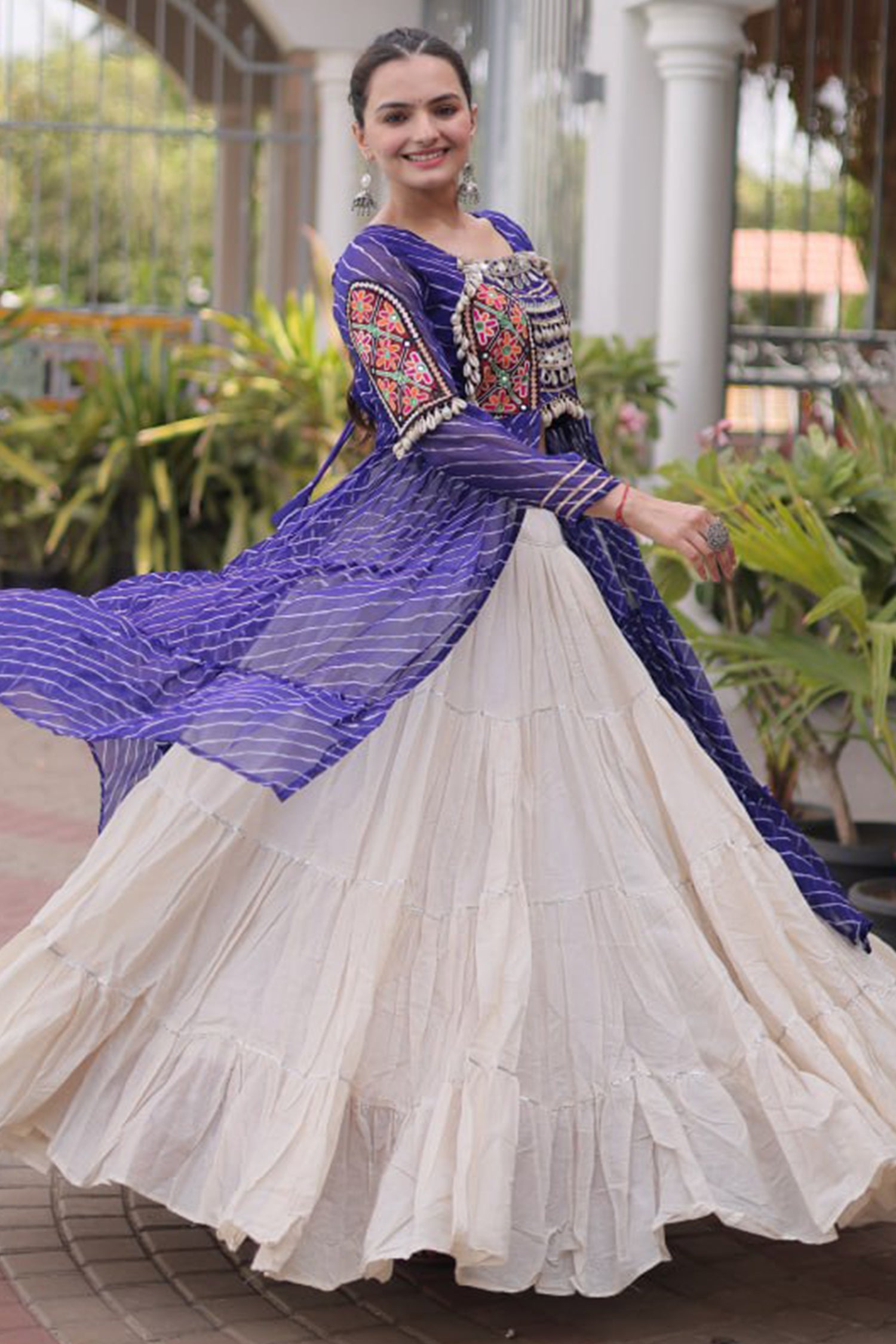Off White Cotton Chaniya with Leheriya and Kachchi Work Long Top