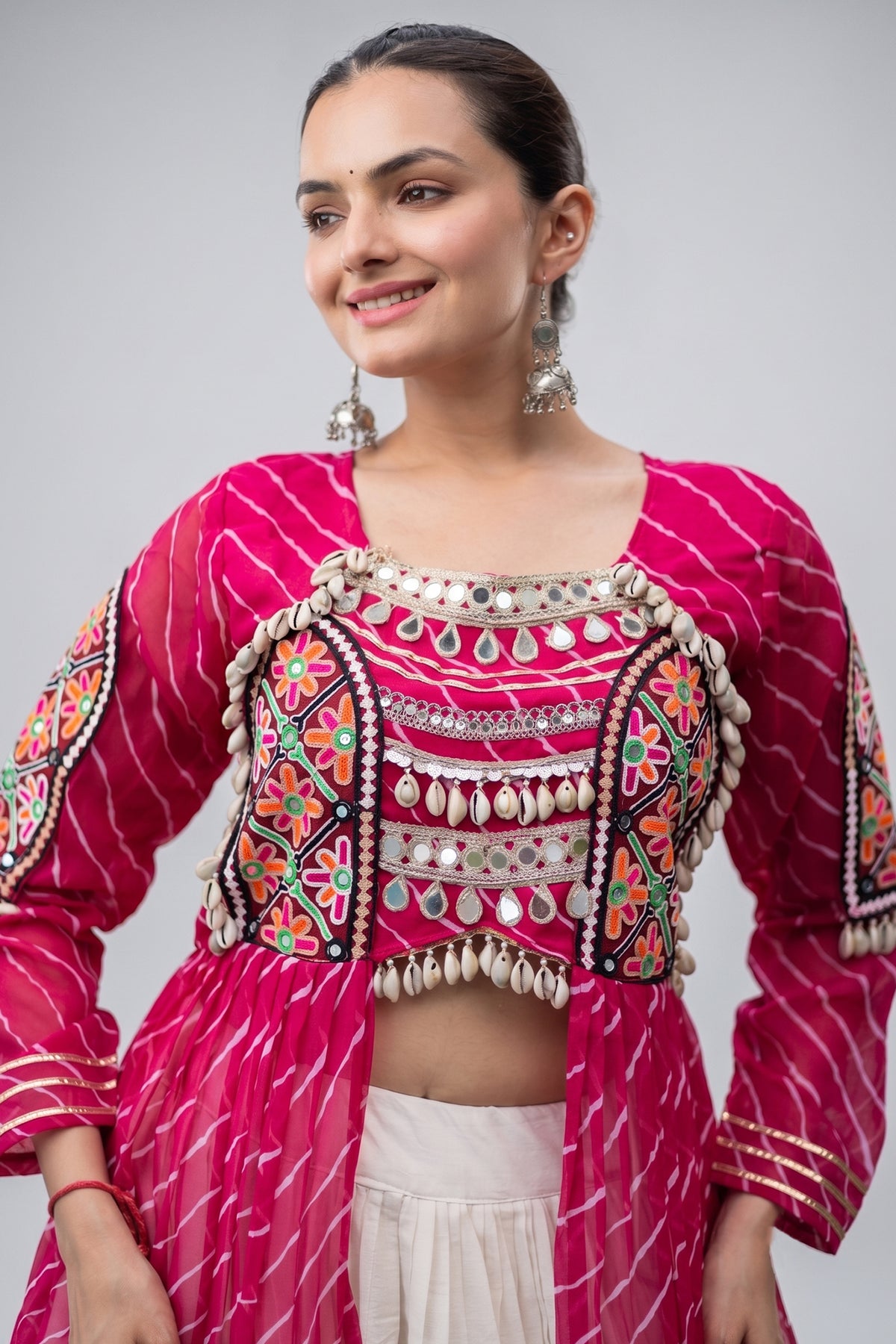 Off White Cotton Chaniya with Leheriya and Kachchi Work Long Top