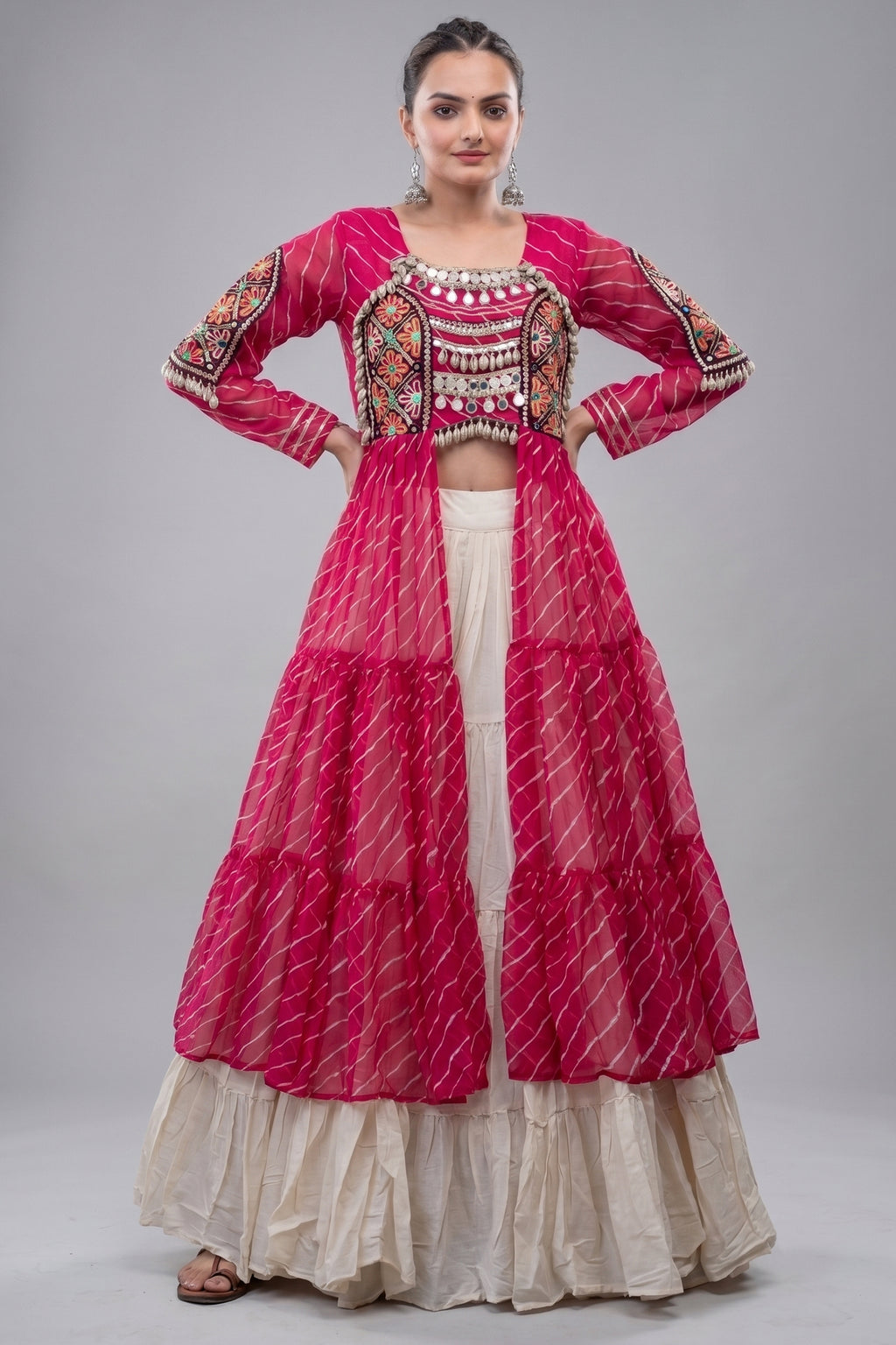 Off White Cotton Chaniya with Leheriya and Kachchi Work Long Top