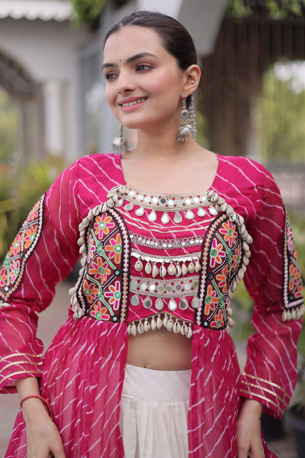 Off White Cotton Chaniya with Leheriya and Kachchi Work Long Top