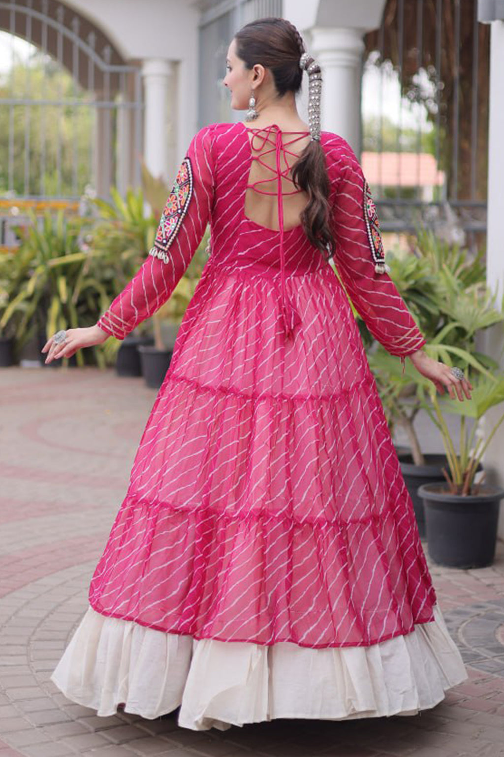 Off White Cotton Chaniya with Leheriya and Kachchi Work Long Top