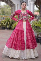 Off White Cotton Chaniya with Leheriya and Kachchi Work Long Top