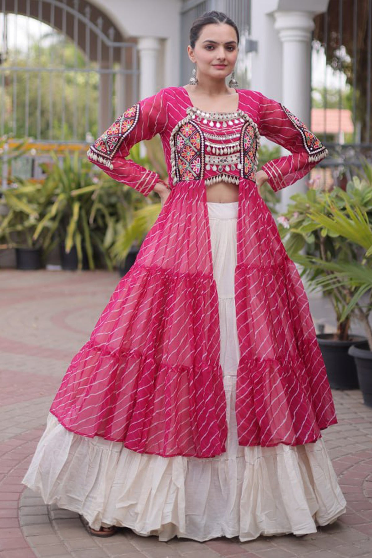 Off White Cotton Chaniya with Leheriya and Kachchi Work Long Top