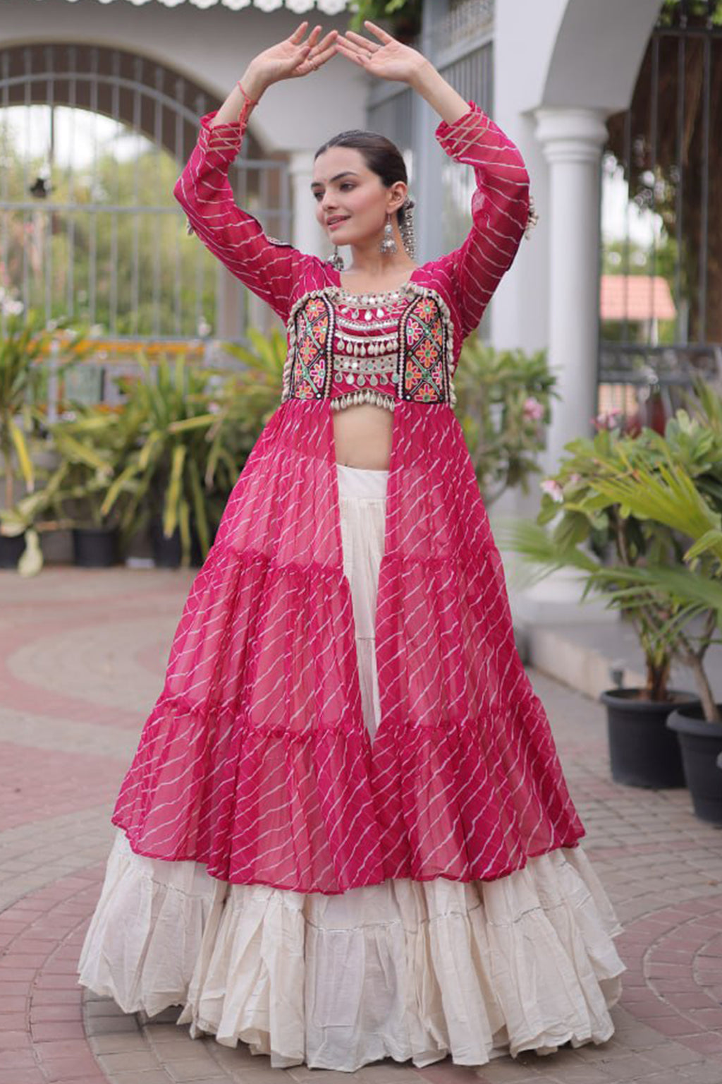 Off White Cotton Chaniya with Leheriya and Kachchi Work Long Top