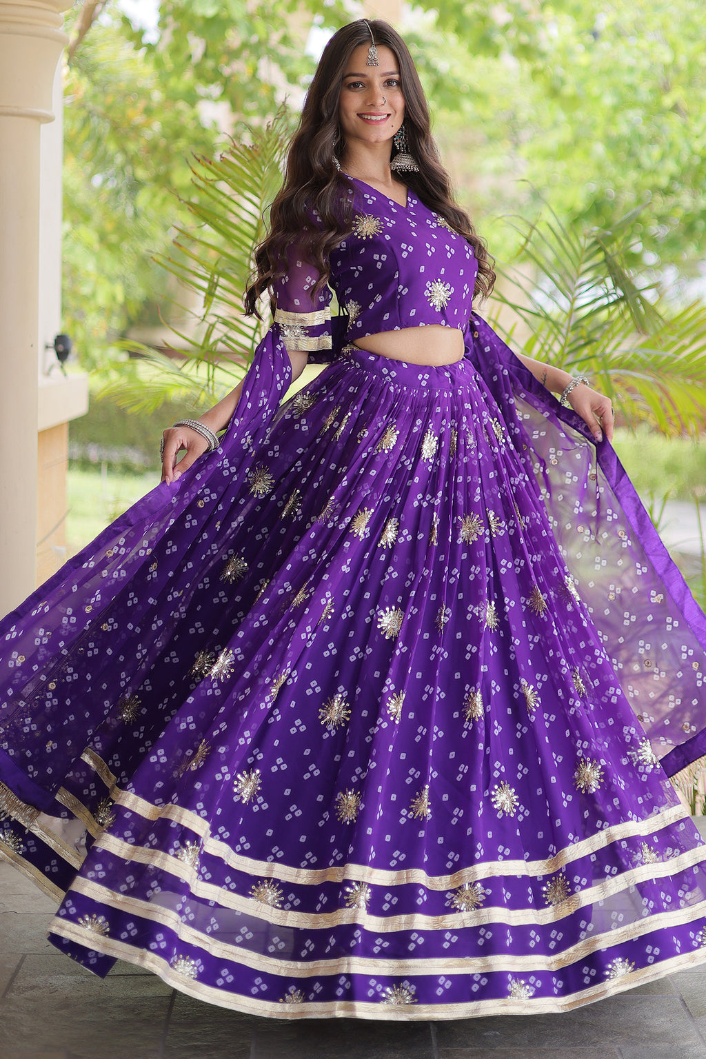 Purple Georgette Printed Lehenga with Sequin Work