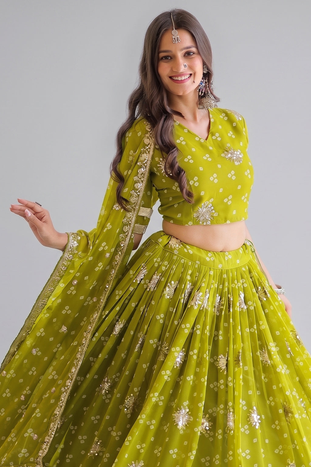 Parrot Green Georgette Printed Lehenga with Sequin Work