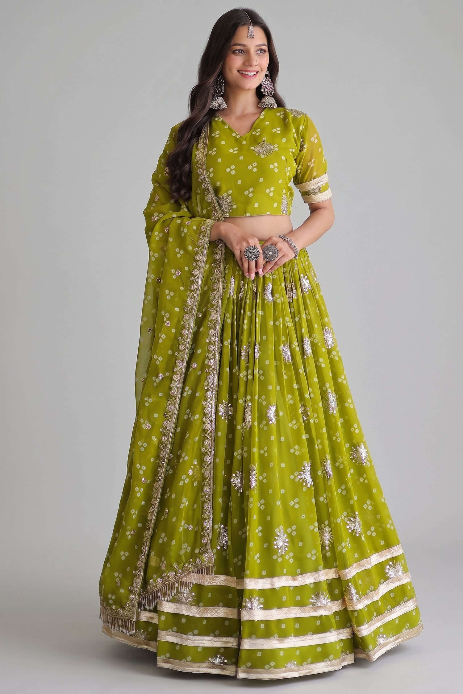 Parrot Green Georgette Printed Lehenga with Sequin Work Main image