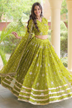 Parrot Green Georgette Printed Lehenga with Sequin Work