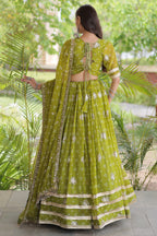 Parrot Green Georgette Printed Lehenga with Sequin Work