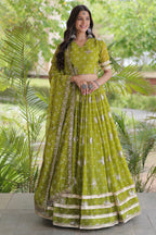 Parrot Green Georgette Printed Lehenga with Sequin Work