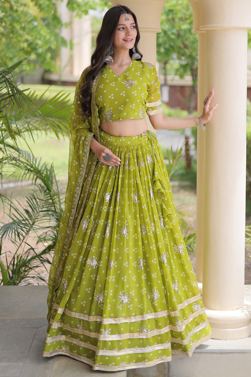 Parrot Green Georgette Printed Lehenga with Sequin Work