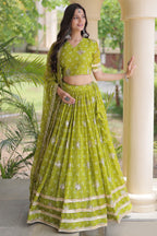 Parrot Green Georgette Printed Lehenga with Sequin Work