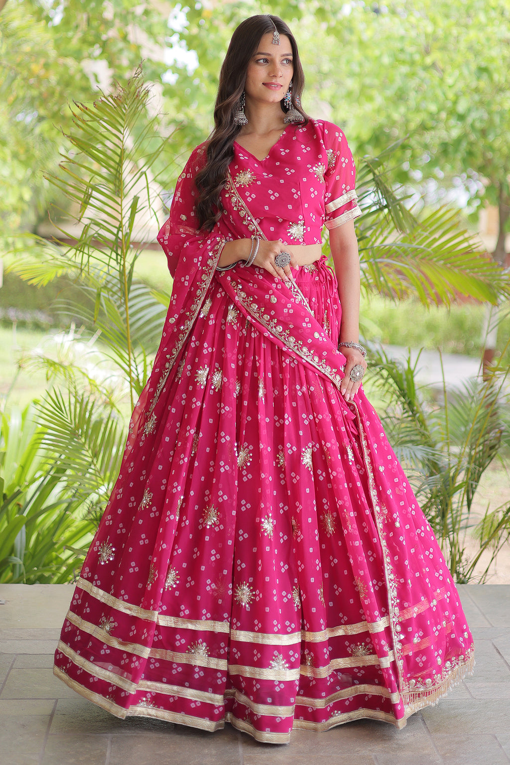 Pink Georgette Printed Lehenga with Sequin Work