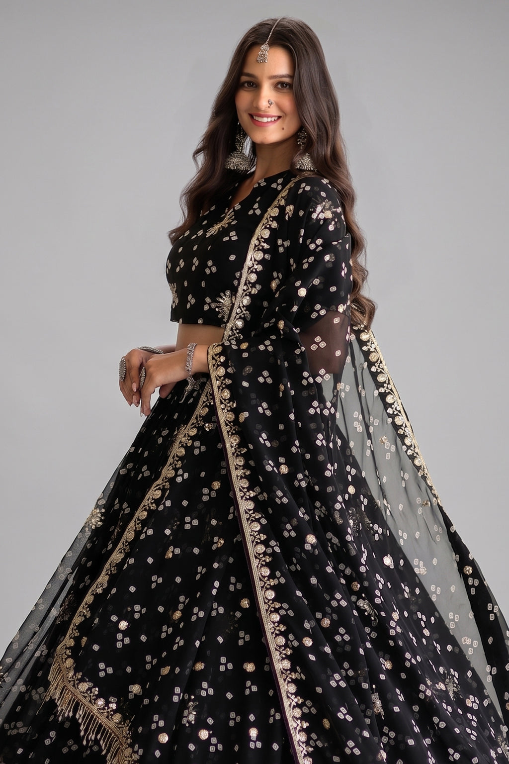 Black Georgette Printed Lehenga with Sequin Work