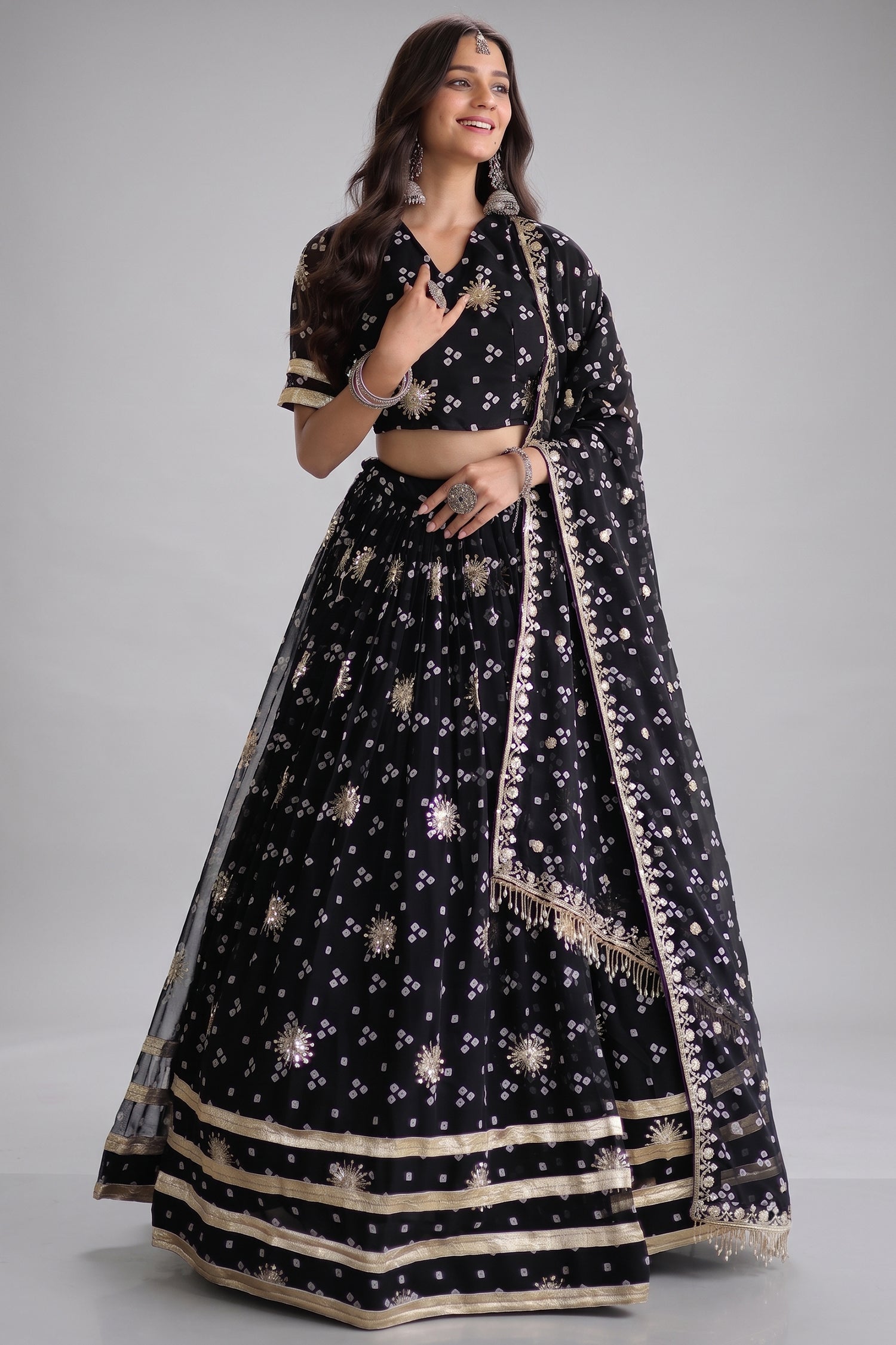 Black Georgette Printed Lehenga with Sequin Work Main image