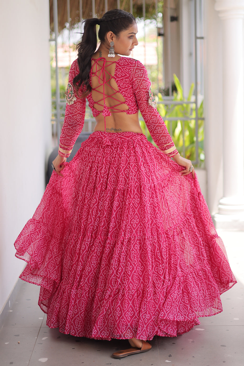 Pink Georgette Kachchi Mirror Worked Chaniya Choli