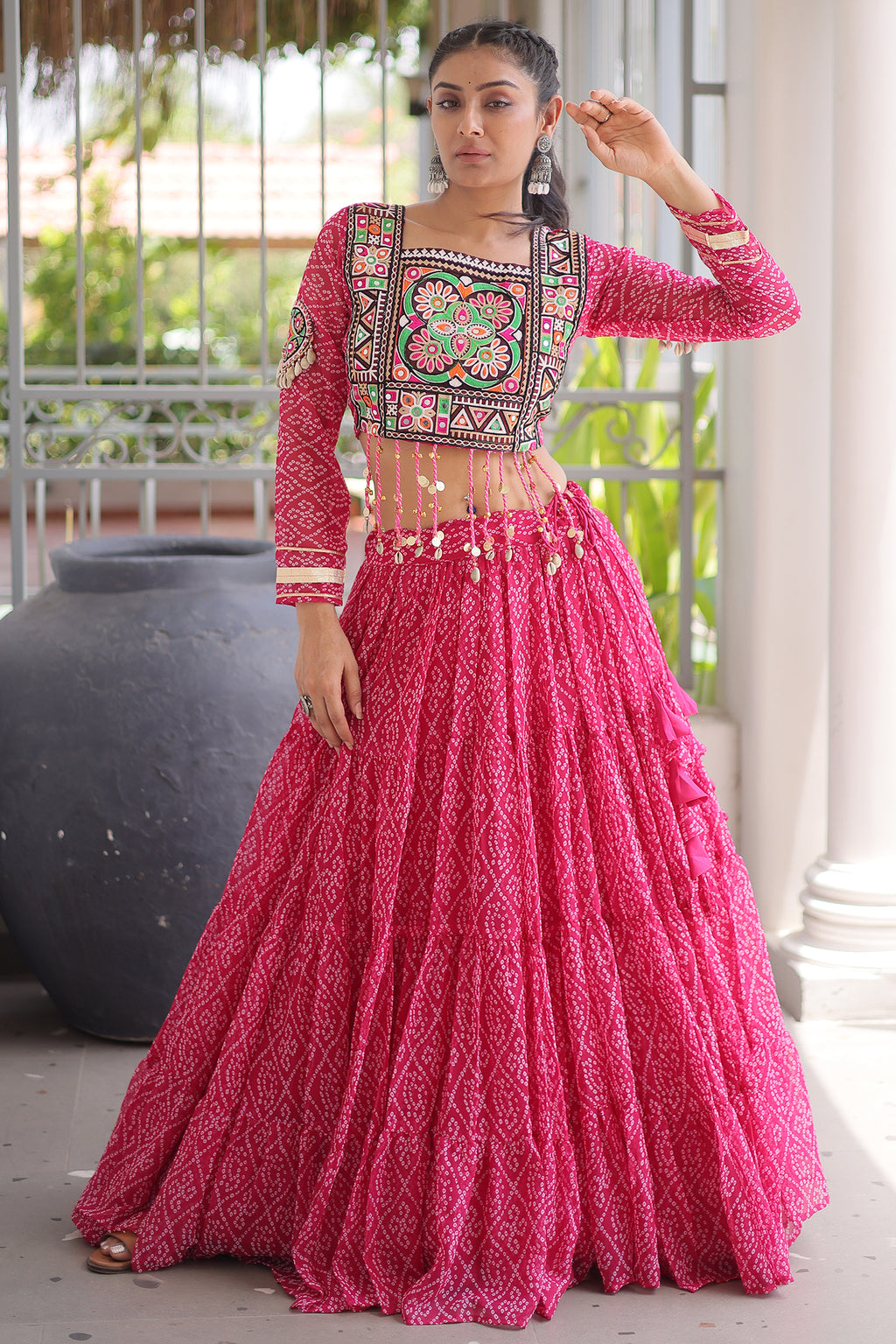 Pink Georgette Kachchi Mirror Worked Chaniya Choli