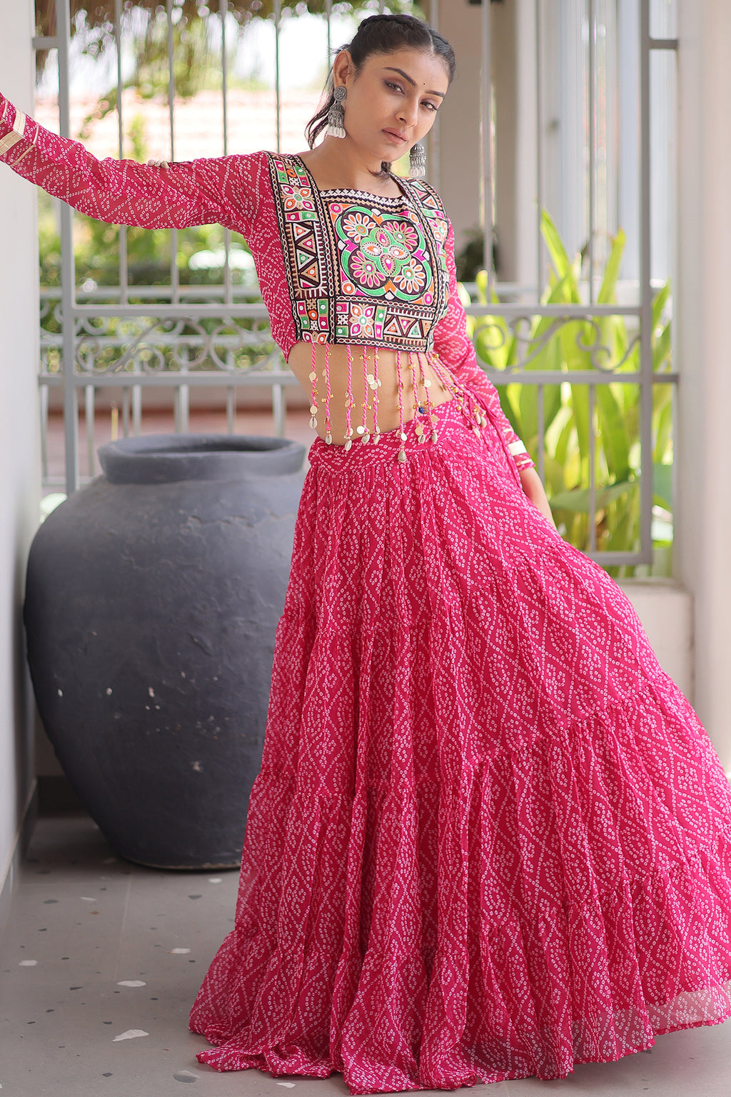 Pink Georgette Kachchi Mirror Worked Chaniya Choli