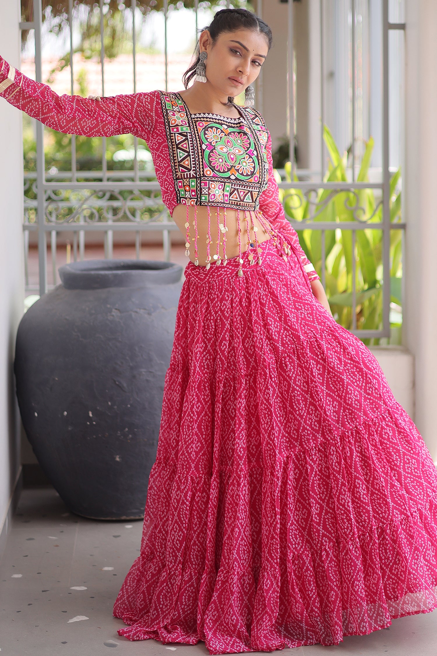 Pink Georgette Kachchi Mirror Worked Chaniya Choli
