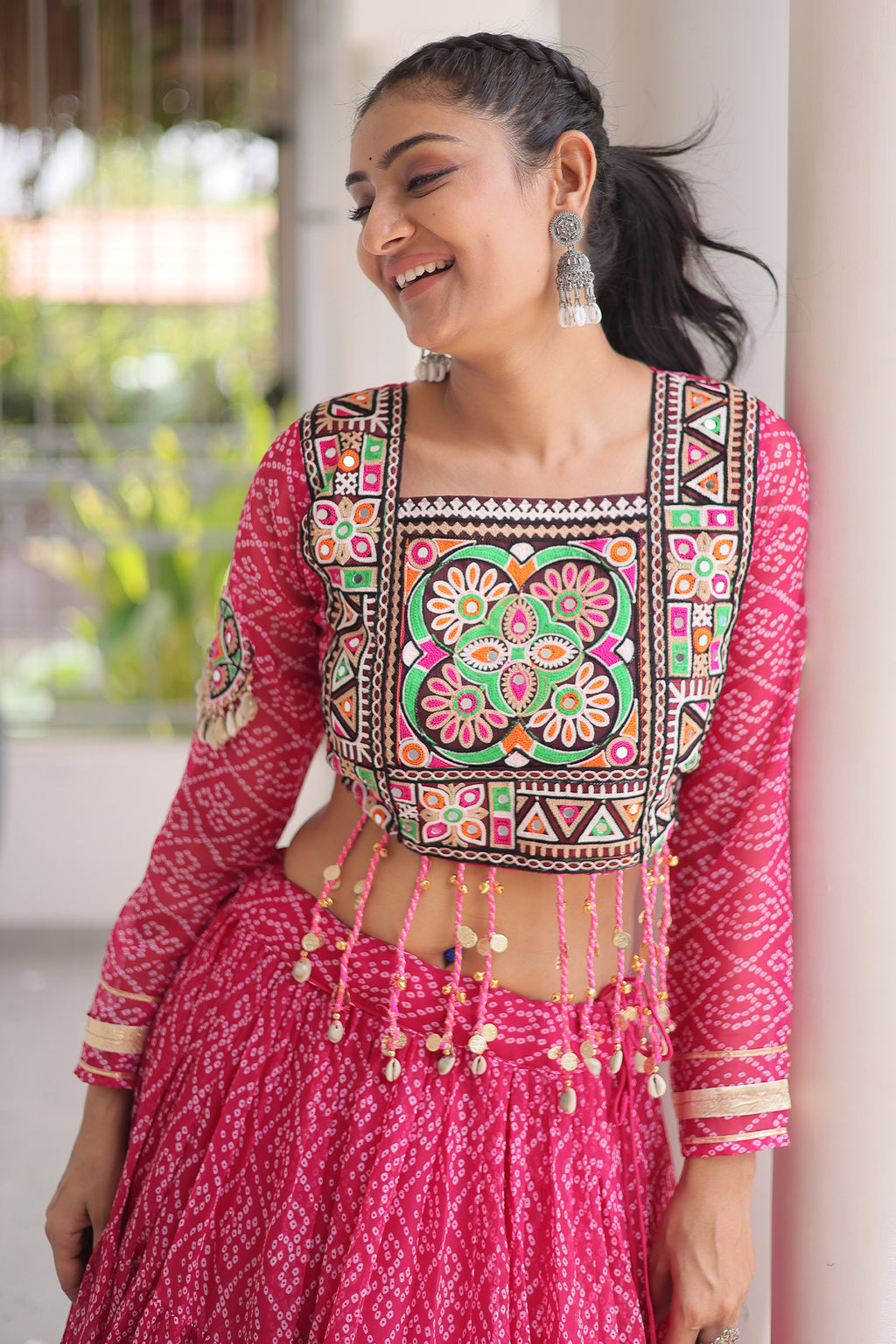Pink Georgette Kachchi Mirror Worked Chaniya Choli