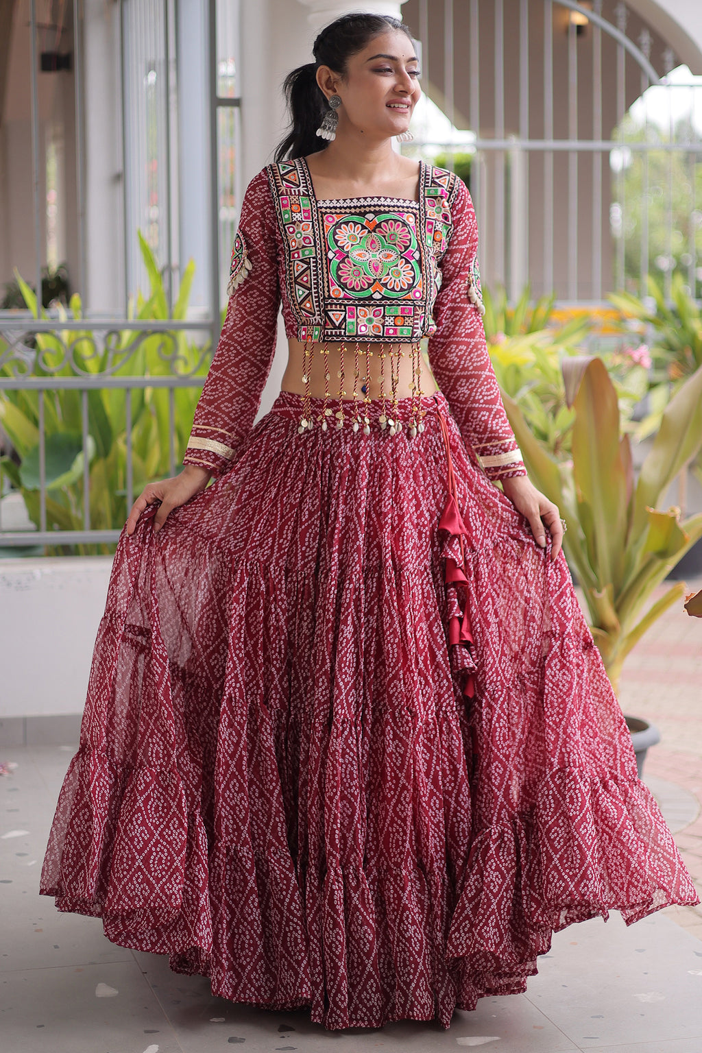 Maroon Georgette Kachchi Mirror Worked Chaniya Choli