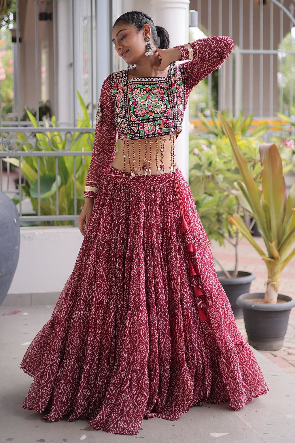 Maroon Georgette Kachchi Mirror Worked Chaniya Choli