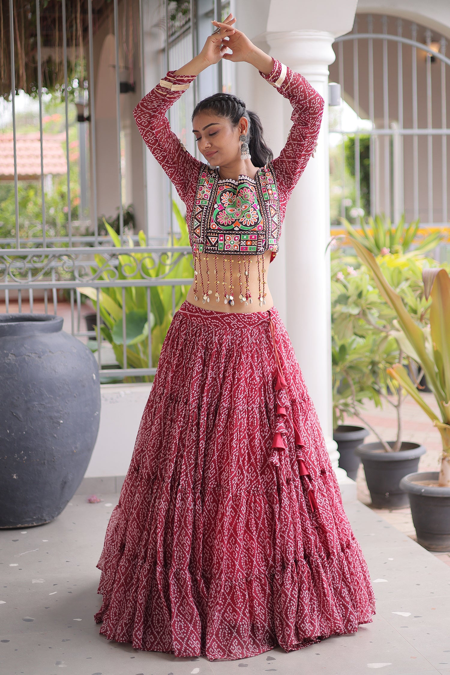 Maroon Georgette Kachchi Mirror Worked Chaniya Choli