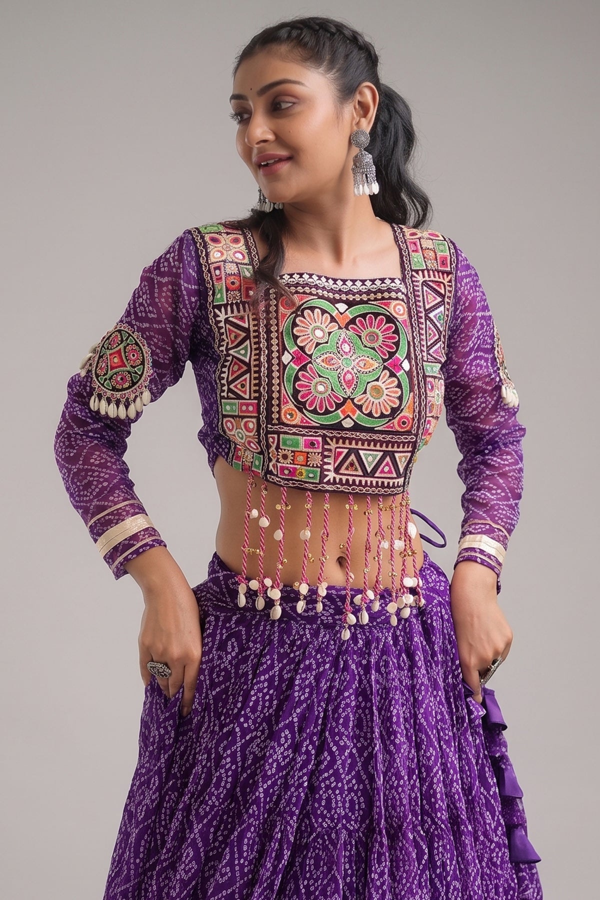 Purple Georgette Kachchi Mirror Worked Chaniya Choli