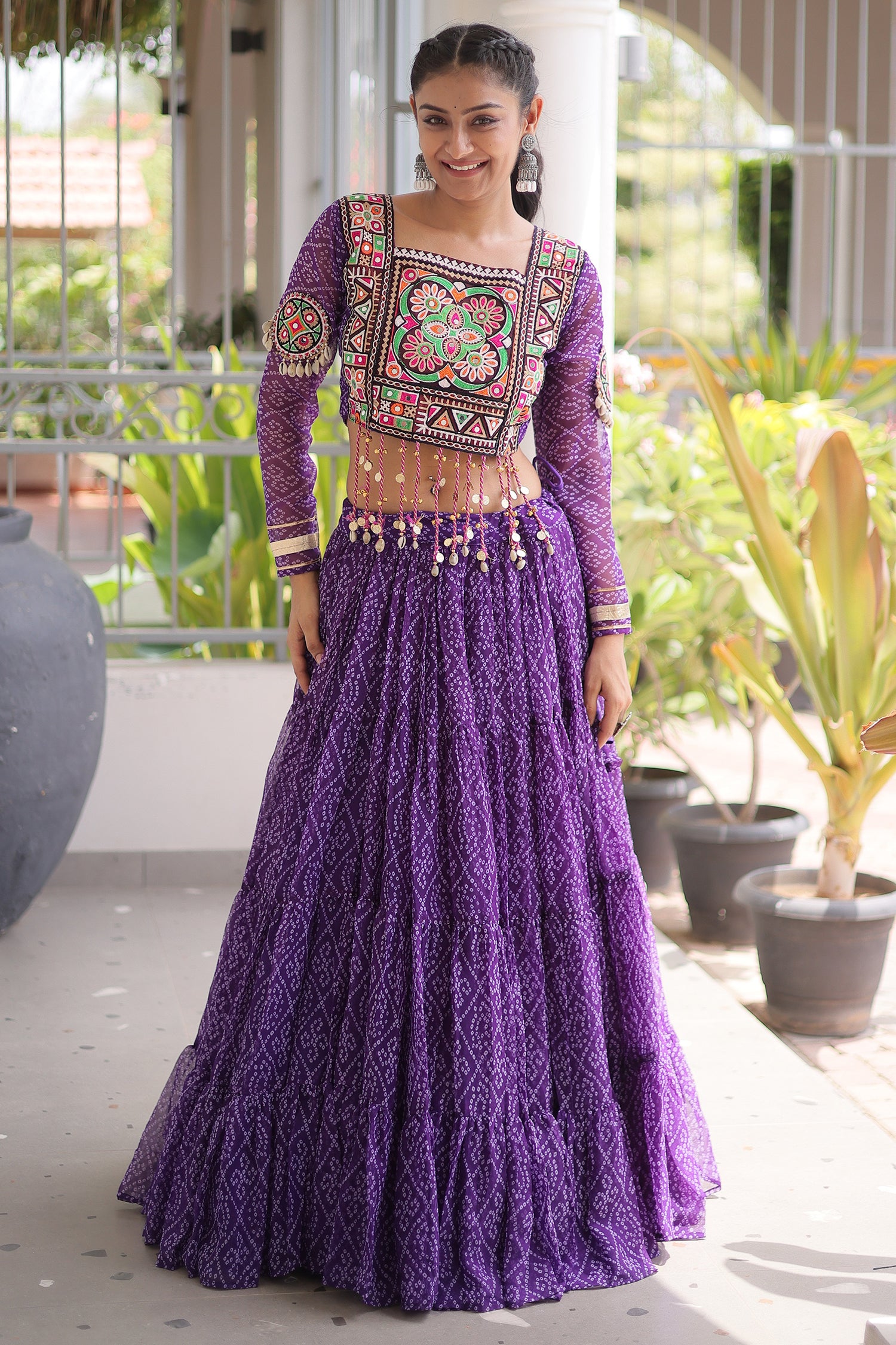 Purple Georgette Kachchi Mirror Worked Chaniya Choli