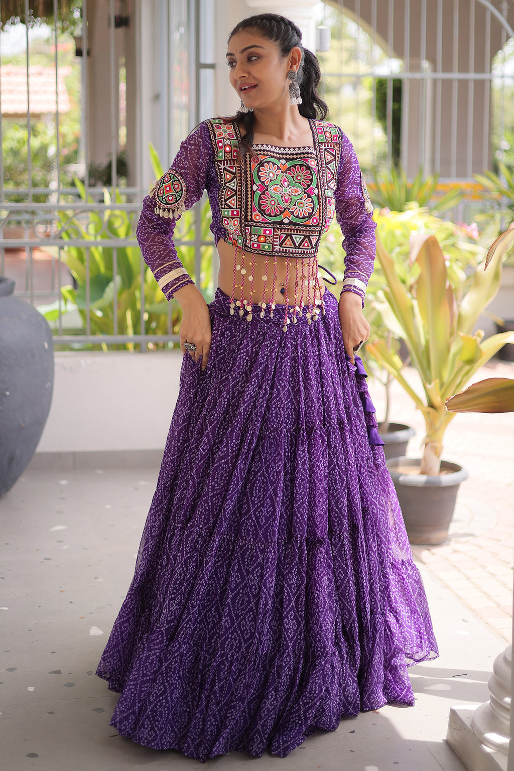 Purple Georgette Kachchi Mirror Worked Chaniya Choli