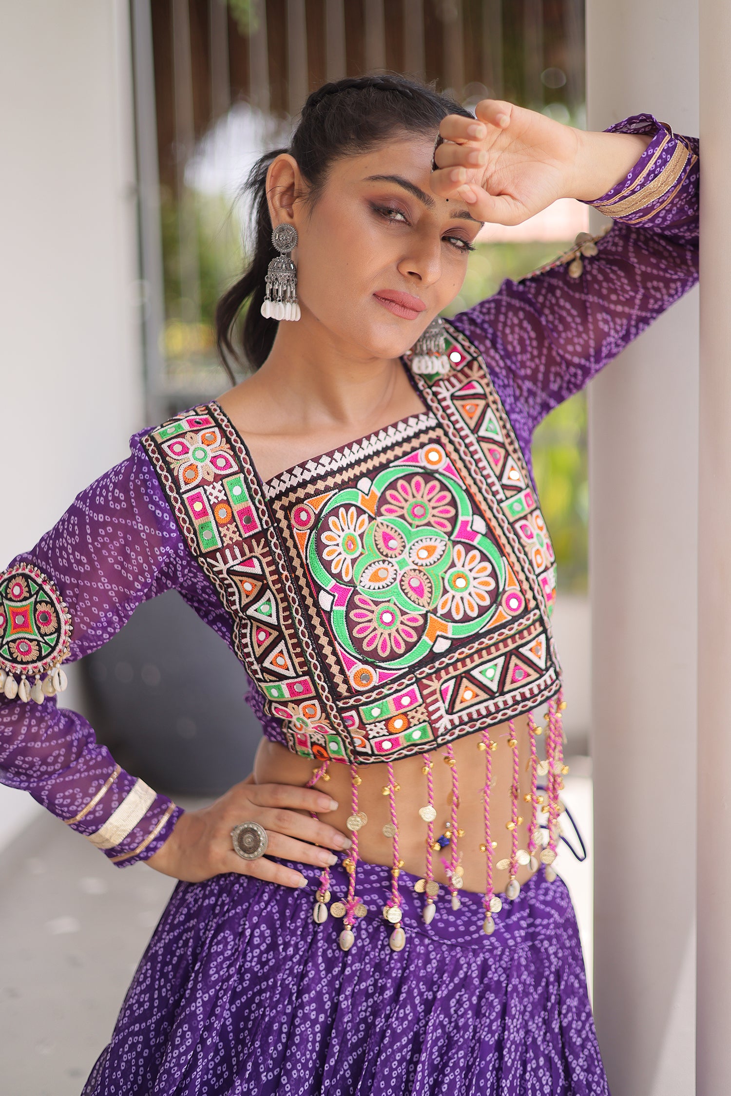 Purple Georgette Kachchi Mirror Worked Chaniya Choli